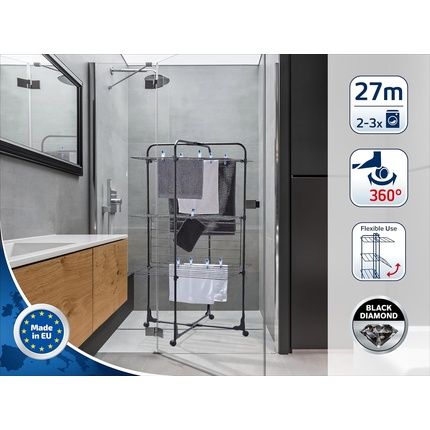 Leifheit Classic Tower 270 Standing Clothes Airer Folding Clothes Rack For Outdoor & Indoor 27M Clothes Horse With Hooks For Hangers Black Line 270