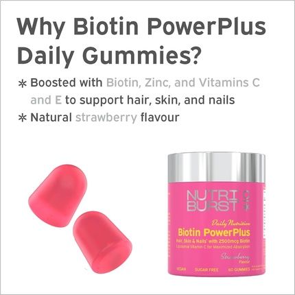 Nutriburst Biotin Power Plus - Biotin 2500Mcg With Liposomal Vitamin C For Healthy Hair And Glowing Skin Strawberry Flavour 60 Gummies