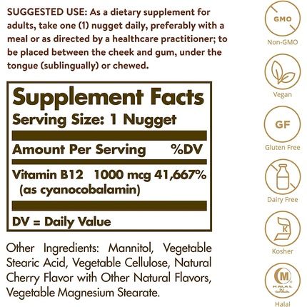 Solgar Vitamin B12 1000Mcg Sublingual Chewable Nuggets - Reduces Fatigue And Supports Energy Release - Vegan