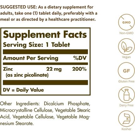 Solgar Zinc Picolinate 22Mg Tablets - Healthy Skin, Hair And Nails - Highly Absorbable Premium Form, Easy To Swallow - Vegan