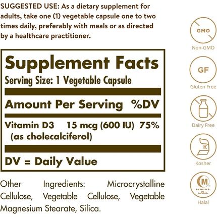 Solgar Vitamin D3 600 Iu Cholecalciferol 120 Vegetarian Capsules