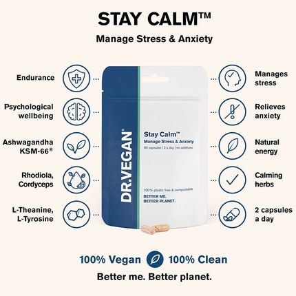 Dr.Vegan Stay Calm For Stress And Anxiety 60 Capsules - Two A Day Including Ashwagandha Ksm-66 150Mg Cordyceps 150Mg Rhodiola 100Mg Schisandra 100Mg