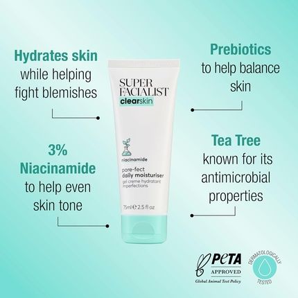 Super Facialist Pore-Fect Daily Moisturiser Hydrate & Control Oil For Acne Treatment & Blackhead Remover With 3% Niacinamide, Tea Tree Oil & Prebiotics Vegan Friendly 75Ml