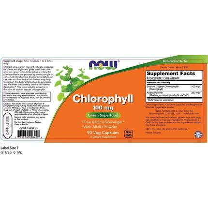 Now Chlorophyll 100Mg With Alfalfa Powder Green Superfood 90 Veg Capsules