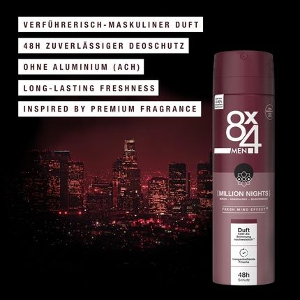 8X4 Men Million Nights Deodorant Spray With Oriental Fragrance Notes Aluminum-Free Deodorant With 48H Protection 150Ml