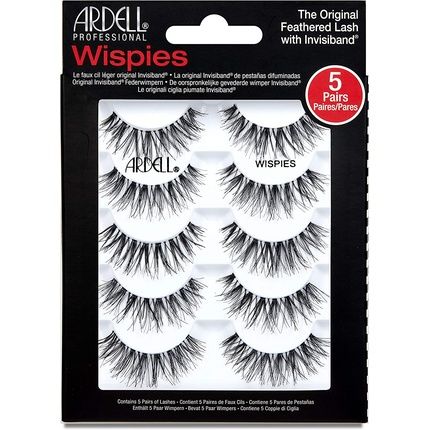 Ardell False Eyelashes Wispies Black Medium Volume Long Length Rounded Lash Style Crisscross Feathering Curl Invisiband Comfortable Wear Vegan-Friendly Cruelty-Free Eyelashes 5 Pair
