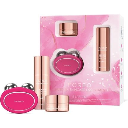 Foreo Bear 2 Full Facelift Skin Care Set With Microcurrent Facial Device Supercharged Serum 2.0 30Ml Supercharged Ha+Pga Triple Action Intense Moisturizer 15Ml Anti Aging Skincare Tools Fuchsia