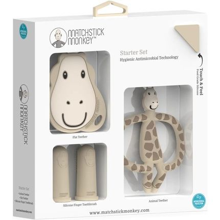 Matchstick Monkey Antimicrobial Teething Starter Set - 1 Flat Face Teether, 1 Animal Teether, 2 Silicone Finger Toothbrushes