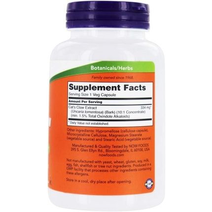 Now Cat'S Claw Extract 10:1 Concentrate 1.5% Standardized Extract 120 Veg Capsules
