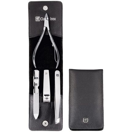 Zwilling Classic Inox Manicure And Pedicure Set In Genuine Leather With Snap Closure 4 Pieces Black Including Nail Clippers