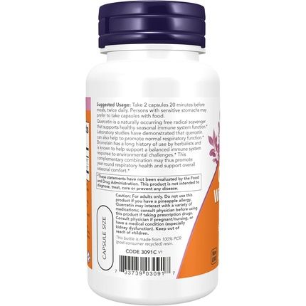 Now Supplements Quercetin With Bromelain Balanced Immune System 60 Veg Capsules - Image 3