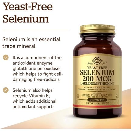 Solgar Selenium 200G Yeast Free Healthy Hair & Nails Supports The Metabolism Vital Mineral 250 Tablets - Image 3