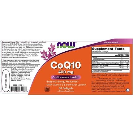 Now Foods Coenzyme Q10 With Vitamin E And Lecithin 400Mg 30 Capsules