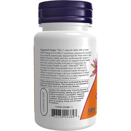 Now Mega D-3 & Mk-7 With Vitamins D-3 & K-2 Bone & Cardiovascular Support 60 Veg Capsules - Image 3