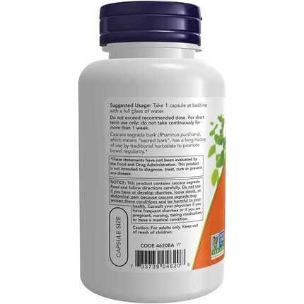 Now Cascara Sagrada Herbal Regularity Supplement 450Mg 100 Veg Capsules - Image 3