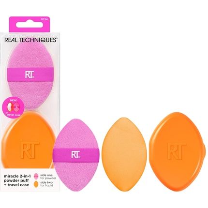 Real Techniques Miracle 2-In-1 Powder Puff + Travel Case Dual-Sided Makeup Blending Puff Elastic Band Precision Makeup Sponge And Powder Puff For Liquid Cream And Powders Travel Case