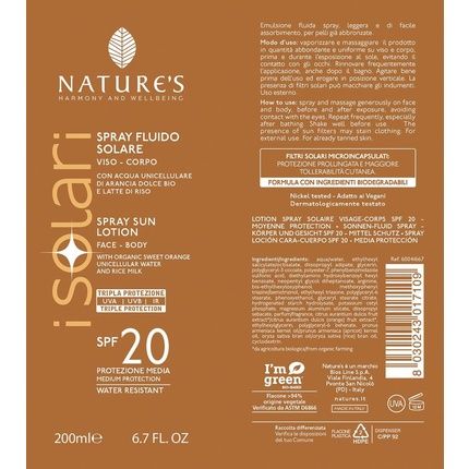 Grehge Nature'S I Solar Fluid Spray For Face And Body Spf 20 200Ml