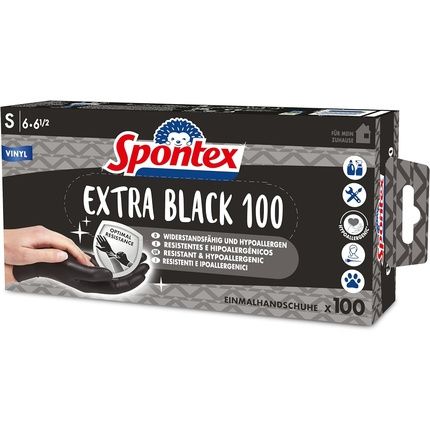 Spontex Extra Black Vinyl Disposable Gloves Powder-Free And Latex-Free Size S Black