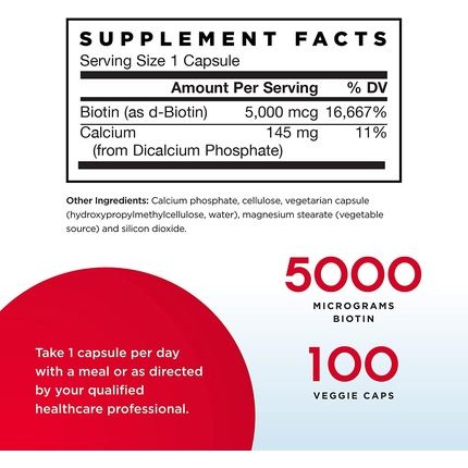 Jarrow Formulas Biotin 5000Mcg Veggie Caps Supports Skin & Hair Growth Lipid Metabolism & Energy Production 100 Count