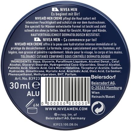 Nivea Men Nourishing Skin Cream For Intensive Moisture - Ideal For Body, Face, And Hands - Light Formula With Vitamin E 30Ml - Image 3