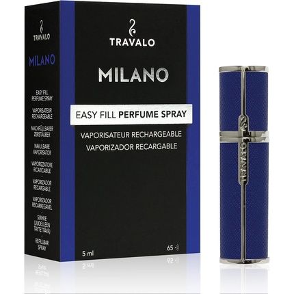 Travalo Milano Perfume Atomizer Travel Refill U-Change System Tsa Approved Reusable Airtight Easy Fill Mini Pump Sprayer Lightweight Portable Vegan Leather With Polished Metal Outer Shell Blue 0.17Oz