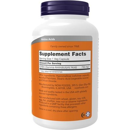 Now Supplements Gaba Gamma-Aminobutyric Acid 750Mg Neurotransmitter