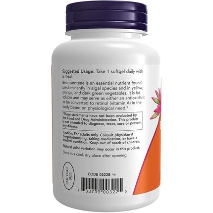 Now Supplements Natural Beta Carotene 25,000 Iu Essential Nutrition 180 Softgels - Image 3