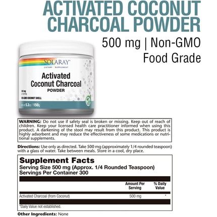 Solaray Activated Coconut Charcoal Powder 500Mg Healthy Inner Cleansing & Digestive Tract Support - 300 Servings