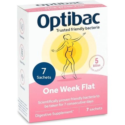 Optibac Probiotics One Week Flat Vegan Digestive Probiotic Supplement 5 Billion Bacterial Cultures 7 Sachets