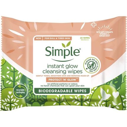 Simple Protect 'N' Glow Instant Glow Dermatologically Tested Biodegradable Wipes For Sensitive Skin