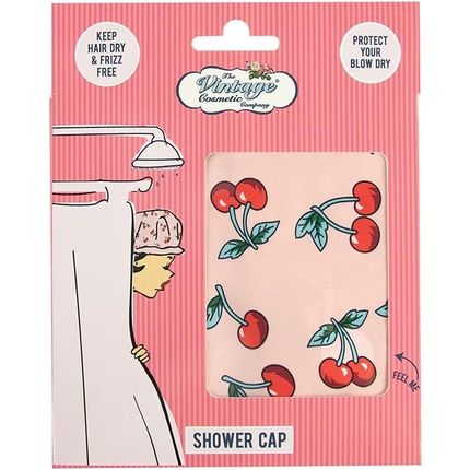 The Vintage Cosmetic Company Cherry Shower Cap Lightweight And Elasticated Waterproof Cap Reusable For Women Retro Design