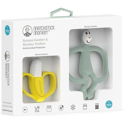 Matchstick Monkey Antimicrobial Teething Gift Set 1 Banana Shaped Soother And 1 Animal Teether 3 Months Old+ Banana & Monkey