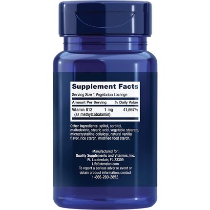 Life Extension Vitamin B12 Methylcobalamin 1Mg Brain Health & Cognition Vegetarian Lozenges 60 Count
