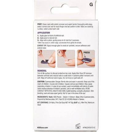 Kiss Gel Fantasy Collection Glue-On Manicure Kit Fanciful Medium Length Square Fake Nails 24 Count