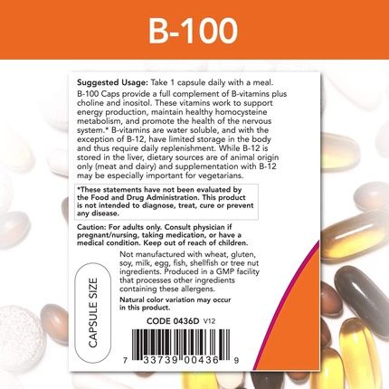 Now Vitamin B-100 Energy Production And Nervous System Health 100 Veg Capsules - Image 3