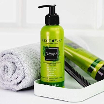 Regrowz Thickening Shampoo With Saw Palmetto, Biotin, Rosemary Oil, Coconut, Almond And Holy Basil Enriched With Natural Dht Blockers 225Ml
