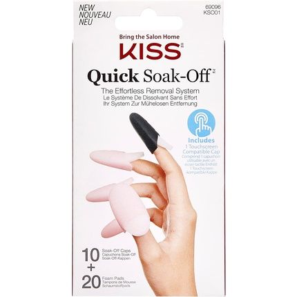 Kiss Quick Soak-Off Removal System For Fake Nails And Nail Polish With 10 Reusable Caps And 20 Disposable Foam Pads And Manicure Stick