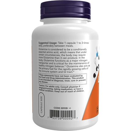 Now L-Glutamine 500Mg Nitrogen Transporter Amino Acid 120 Veg Capsules - Image 3