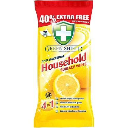 Greenshield Large Antibacterial Household Surface Cleaning Wipes Lemon 70 Count