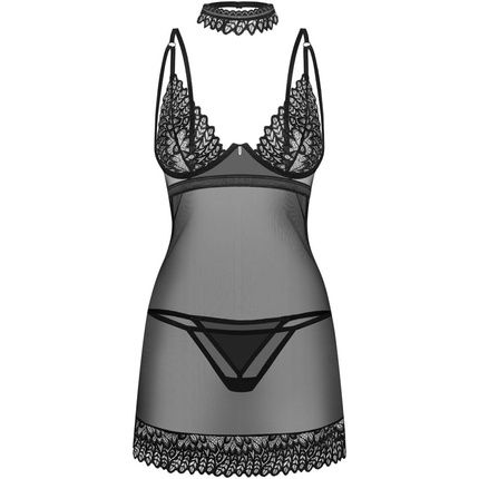 Obsessive Negligee String Set With Elegant Collar And Intricate Embroidery By Donarella Xl-Xxl Black