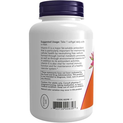 Now Foods Vitamin E 400 Antioxidant With Tocopherols 250 Softgels - Image 3