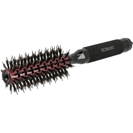 T4B Lussoni Round Wood Styling Hair Brush For Styling Short Hair And Ponytail Made Of Boar Bristles And Nylon Pins With Ceramic Coating Black 22Mm