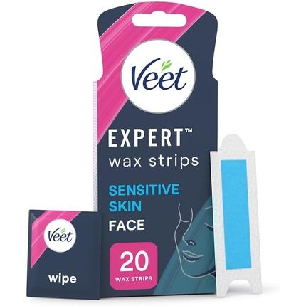 Veet Expert Sensitive Waxing Strips 20 Cold Wax Strips 4 Finish Wipes Eyebrow Facial Face For Sensitive Skin Hydrating Exfoliating