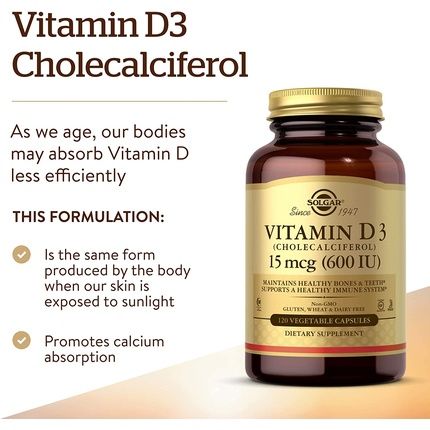 Solgar Vitamin D3 600 Iu Cholecalciferol 120 Vegetarian Capsules - Image 3