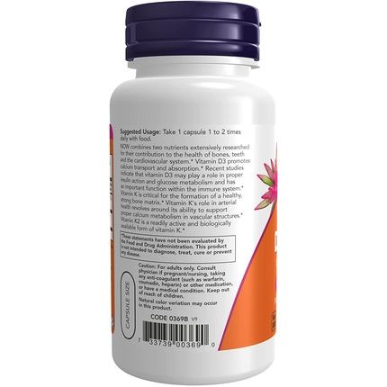 Now Vitamin D-3 & K-2 Supplements With Cardiovascular Support And Bone Health 120 Veg Capsules - Image 3