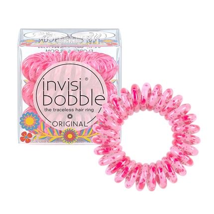Invisibobble Original Hair Tie 3 Pink Spiral Hair Ties For Girls & Women Limited Collection Flores & Bloom