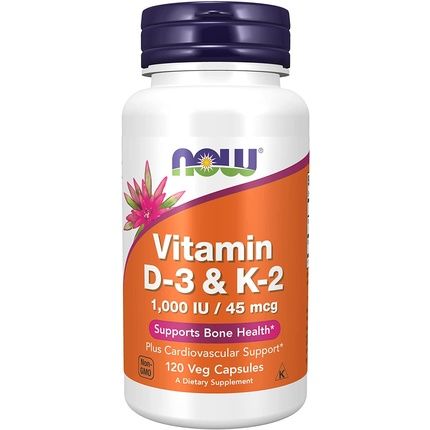 Now Vitamin D-3 & K-2 Supplements With Cardiovascular Support And Bone Health 120 Veg Capsules