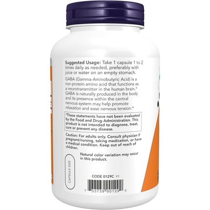 Now Supplements Gaba Gamma-Aminobutyric Acid 750Mg Neurotransmitter - Image 3