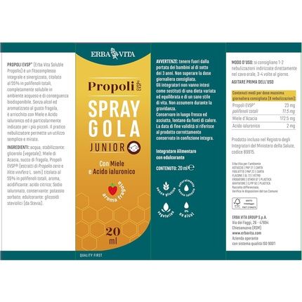 Erba Vita Propoli Evsp Junior Throat Spray Food Supplement With Honey