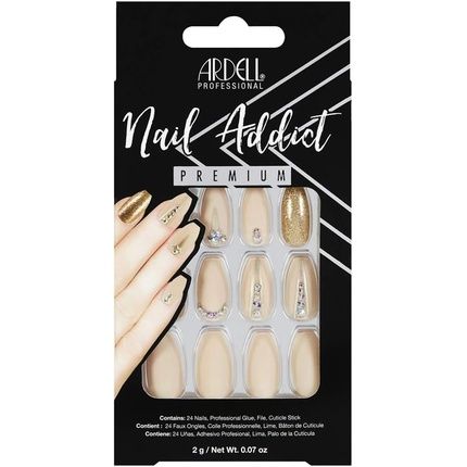 Ardell Nail Addict Nude Jeweled Press On Nails With Glue And File - 24 Artificial Glitter Nails For Beautiful Fingernails - Long Tips